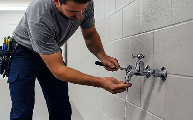 Plumber Adjusting Outdoor Tap
